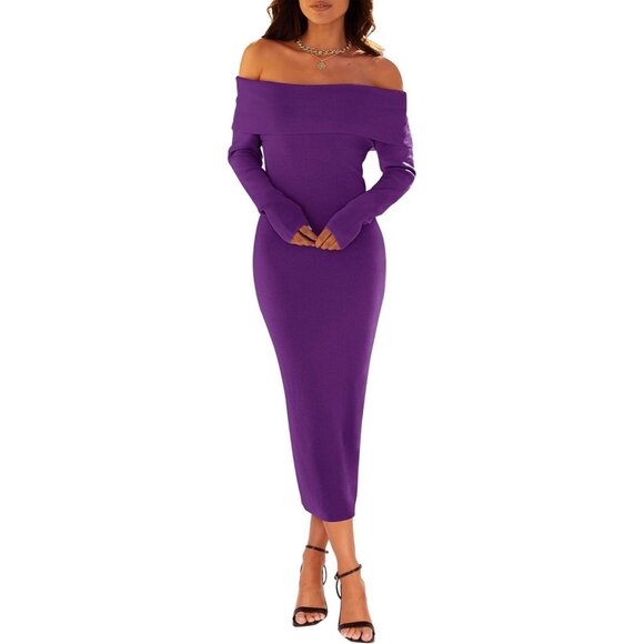 Merokeety Women's Darkpurple Off Shoulder Long Sleeve Elegant Bodycon Midi Dress - Picture 3 of 9